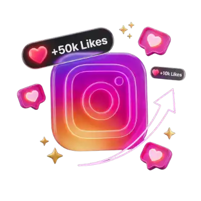 3D Instagram likes engagement boost with 50k likes counter and floating neon hearts