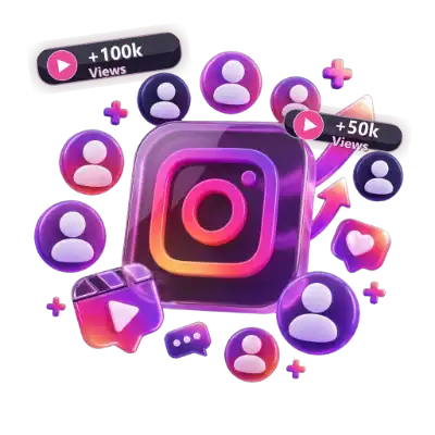 3D Instagram video views growth counter with 100k views badge and reels play icon