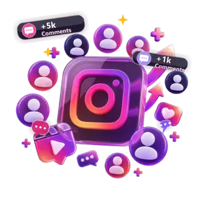 3D Instagram comments engagement visual with 5k comments counter and conversation bubbles