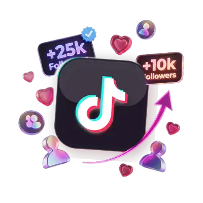 3D TikTok follower growth counter with 25k followers badge and glowing chromatic music note