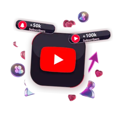 3D YouTube subscribers channel growth counter with 50k and 100k subscribers badges and notification bell