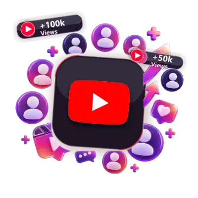 3D YouTube views video boost counter with 100k views badge, viewer bubbles, and play button