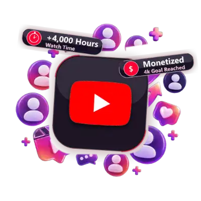 3D YouTube watch time monetization counter with 4000 watch hours badge and channel growth stats
