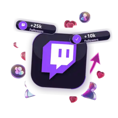 3D Twitch follower growth counter with 25k followers badge and glowing Twitch glitch logo