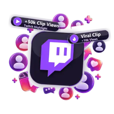 3D Twitch clip views engagement boost with 50k clip views badge, viral flame icon, and Twitch glitch logo