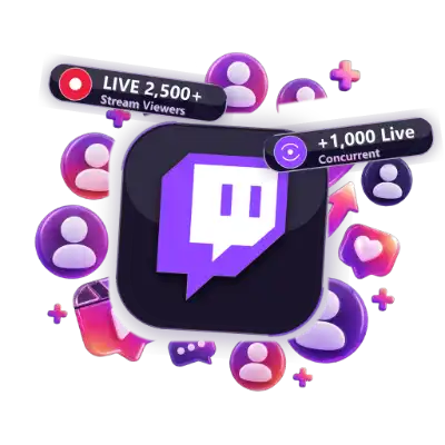 3D Twitch live viewers stream boost counter with 2500 live viewers badge and glowing Twitch glitch logo